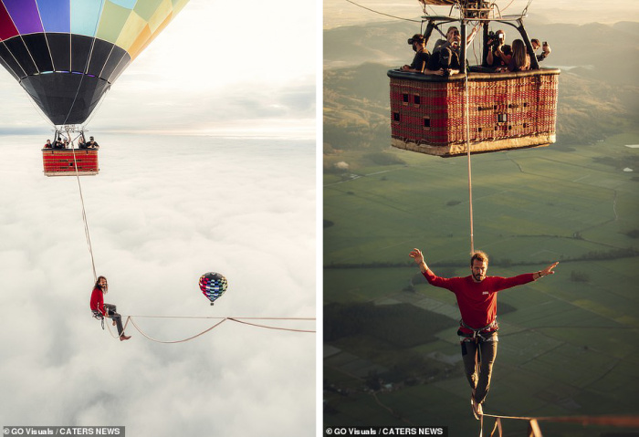  Экстремал установил мировой рекорд, пройдя между воздушными шарами на высоте 1800 метров 